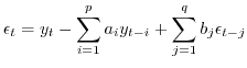 $\displaystyle \epsilon_t = y_t-\sum_{i=1}^p a_i y_{t-i}+ \sum_{j=1}^q b_j \epsilon_{t-j}$