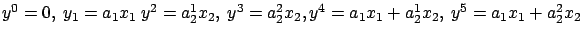 $y^0=0,\ y_1= a_1 x_1\ y^2=a_2^1 x_2,\ y^3=a_2^2 x_2, \\
y^4=a_1 x_1+ a_2^1 x_2,\ y^5=a_1 x_1+ a_2^2 x_2$