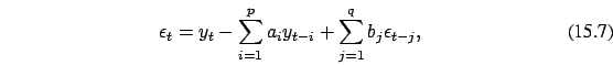 \begin{eqnarray}
\epsilon_t = y_t-\sum_{i=1}^p
a_i y_{t-i}+ \sum_{j=1}^q b_j \epsilon_{t-j},
\end{eqnarray}