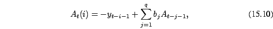 \begin{eqnarray}
A_t(i) = -y_{t-i-1} + \sum_{j=1}^q b_j
A_{t-j-1},
\end{eqnarray}
