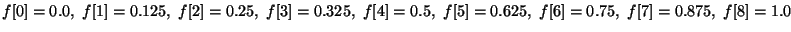 $f[0]=0.0,\ f[1]=0.125,\ f[2]=0.25,\ f[3]=0.325,\
f[4]=0.5,\ f[5]=0.625,\ f[6]=0.75,\ f[7]=0.875,\ f[8]=1.0$