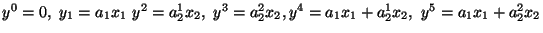 $y^0=0,\ y_1= a_1 x_1\ y^2=a_2^1 x_2,\ y^3=a_2^2 x_2, \\
y^4=a_1 x_1+ a_2^1 x_2,\ y^5=a_1 x_1+ a_2^2 x_2$
